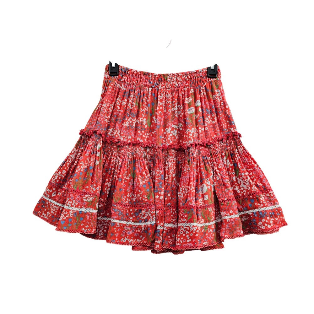 Poupette St Barth Floral Mini Skirt Womens XS Red Ruffle Tiered Smocked Boho